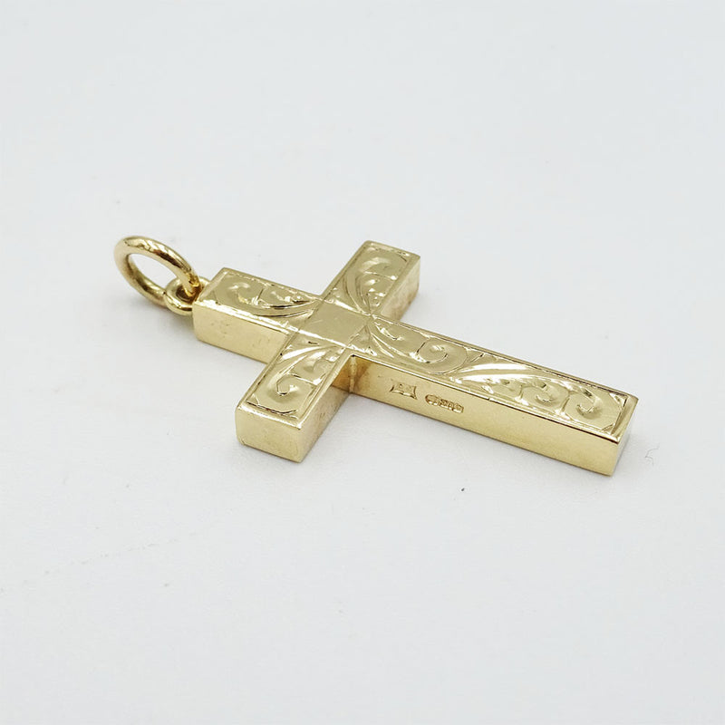 9ct Yellow Gold Heavy Engine Turned Cross Pendant 8g - Richard Miles Jewellers