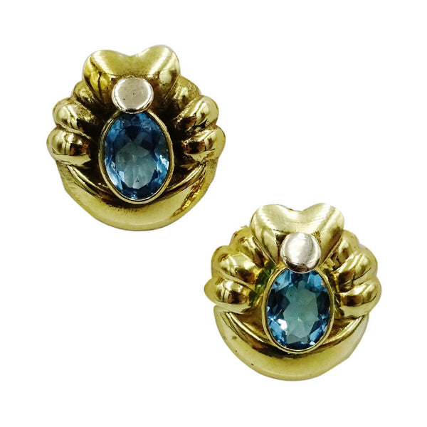 18ct Yellow Gold Fancy Oval Blue Topaz Ladies Stud Earrings 16.6mm 4.3g - Richard Miles Jewellers